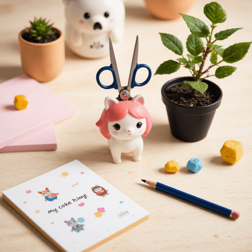product photography of small figurine with scissors on its head