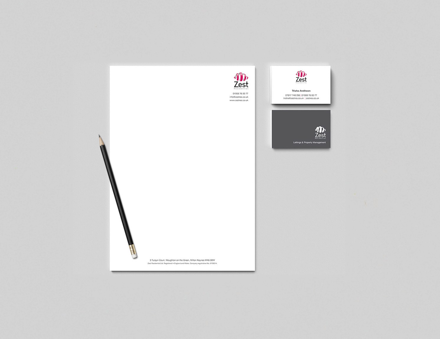 Mock up of Zest business card and stationery