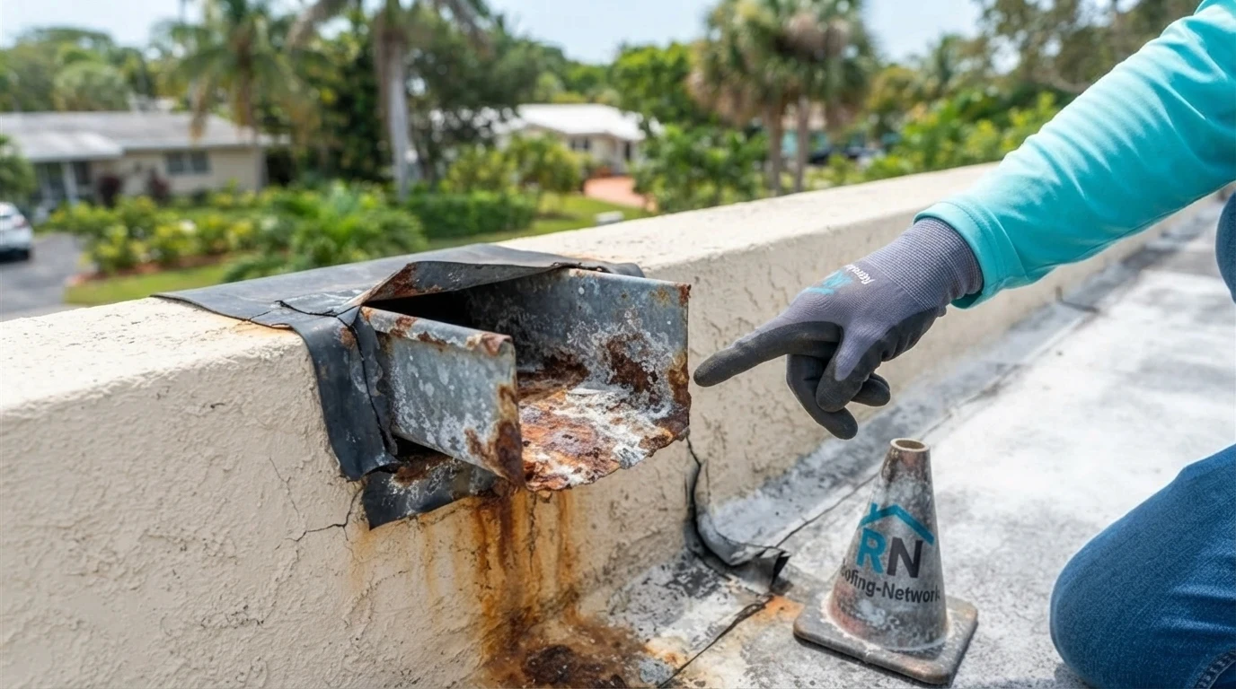 Corroded scupper and base flashing on a Hallandale Beach low-slope residential roof