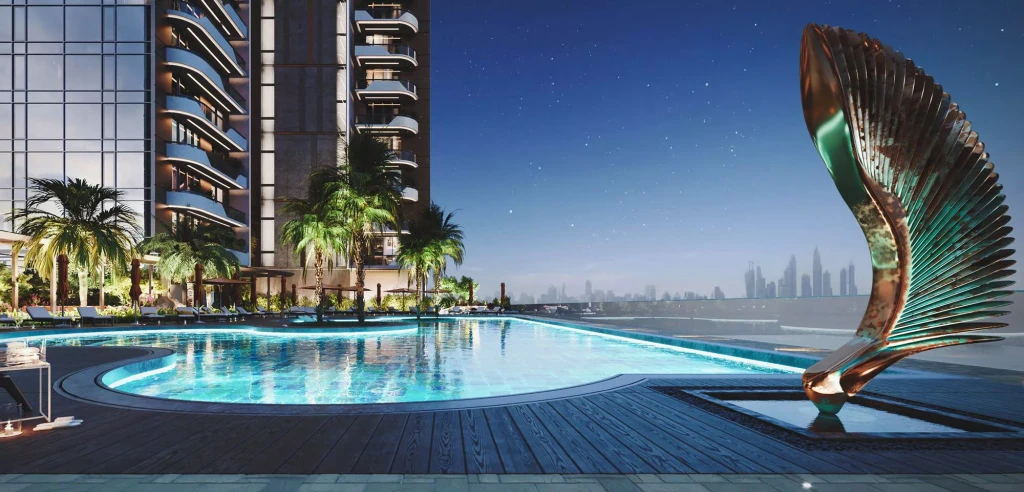 A large sculpture encircles a pool at The Orchard Place, creating a striking visual centerpiece in the outdoor space.