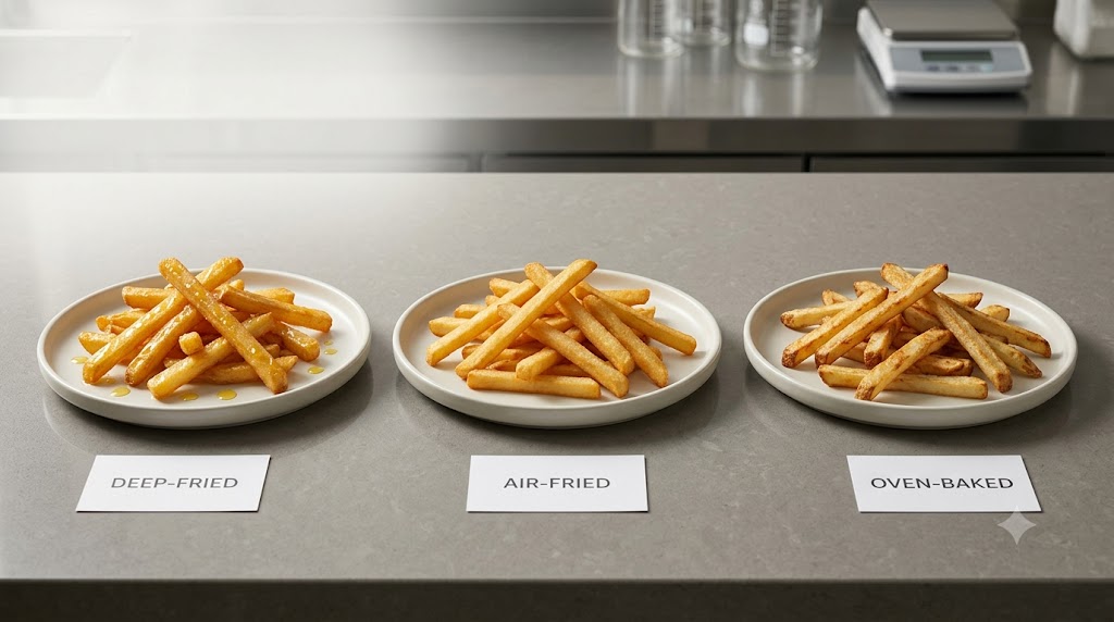 A vibrant infographic-style image comparing the calorie counts of different potato types used for French fries, featuring a bold question title: "DO POTATO TYPES CHANGE FRIES CALORIES? THE ULTIMATE BREAKDOWN". Illustrations show various potatoes and a full basket of crispy golden fries to spark user interest.