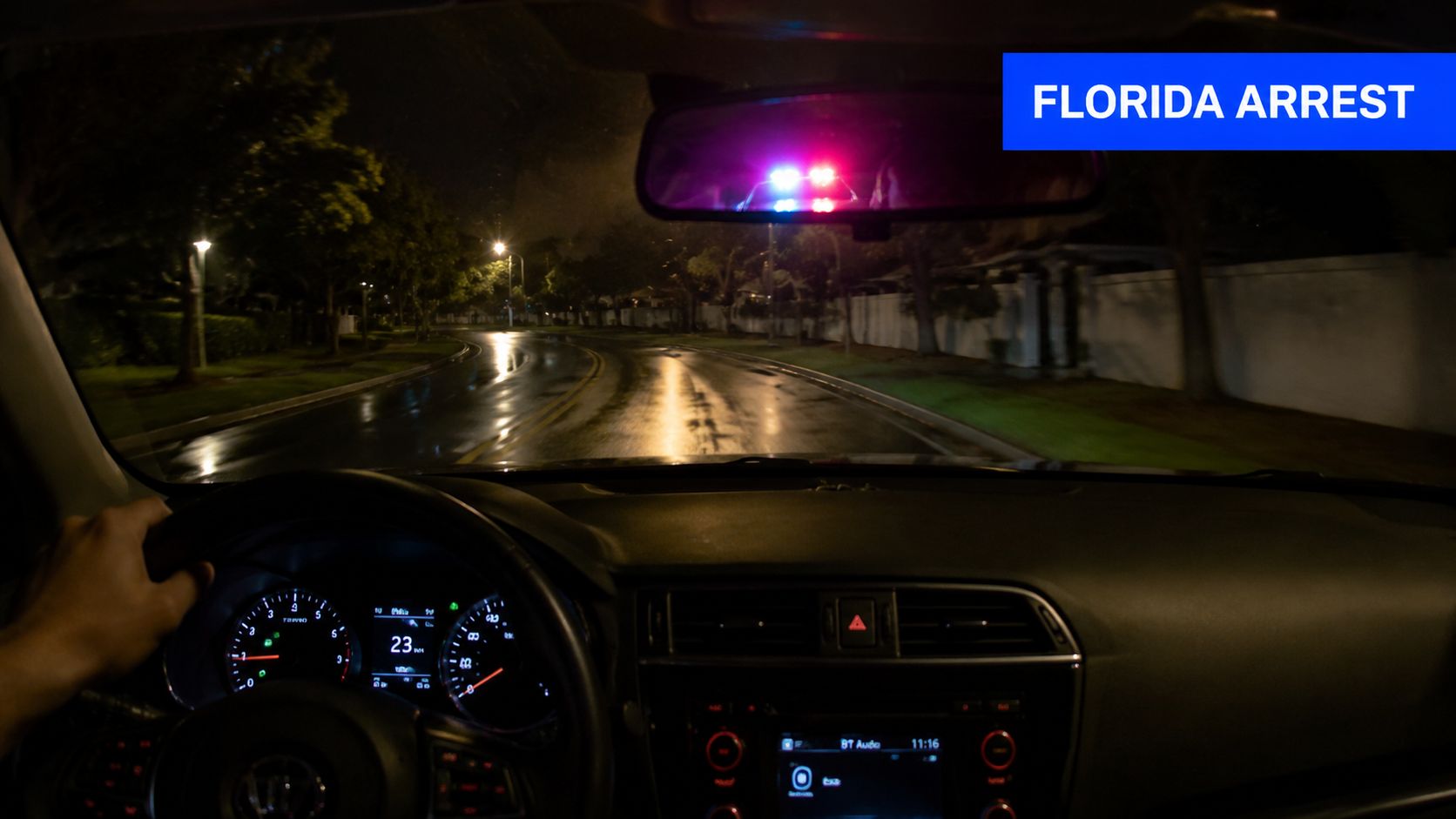 A first-person view from inside a car at night showing police flashing lights in the rearview mirror.
