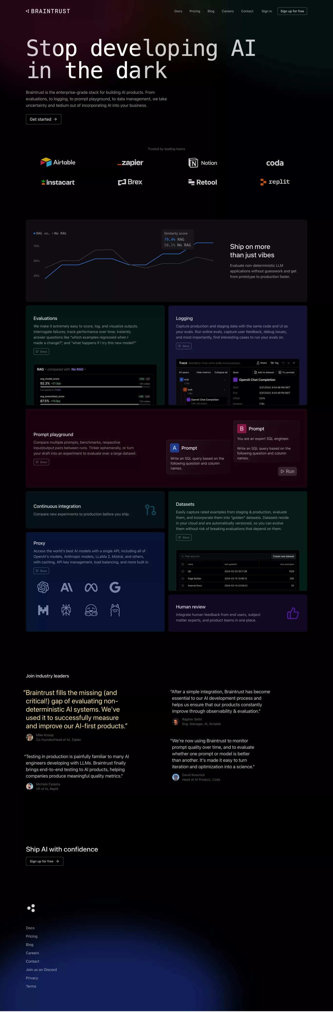 Braintrust landing page screenshot showcasing Tech and AI design