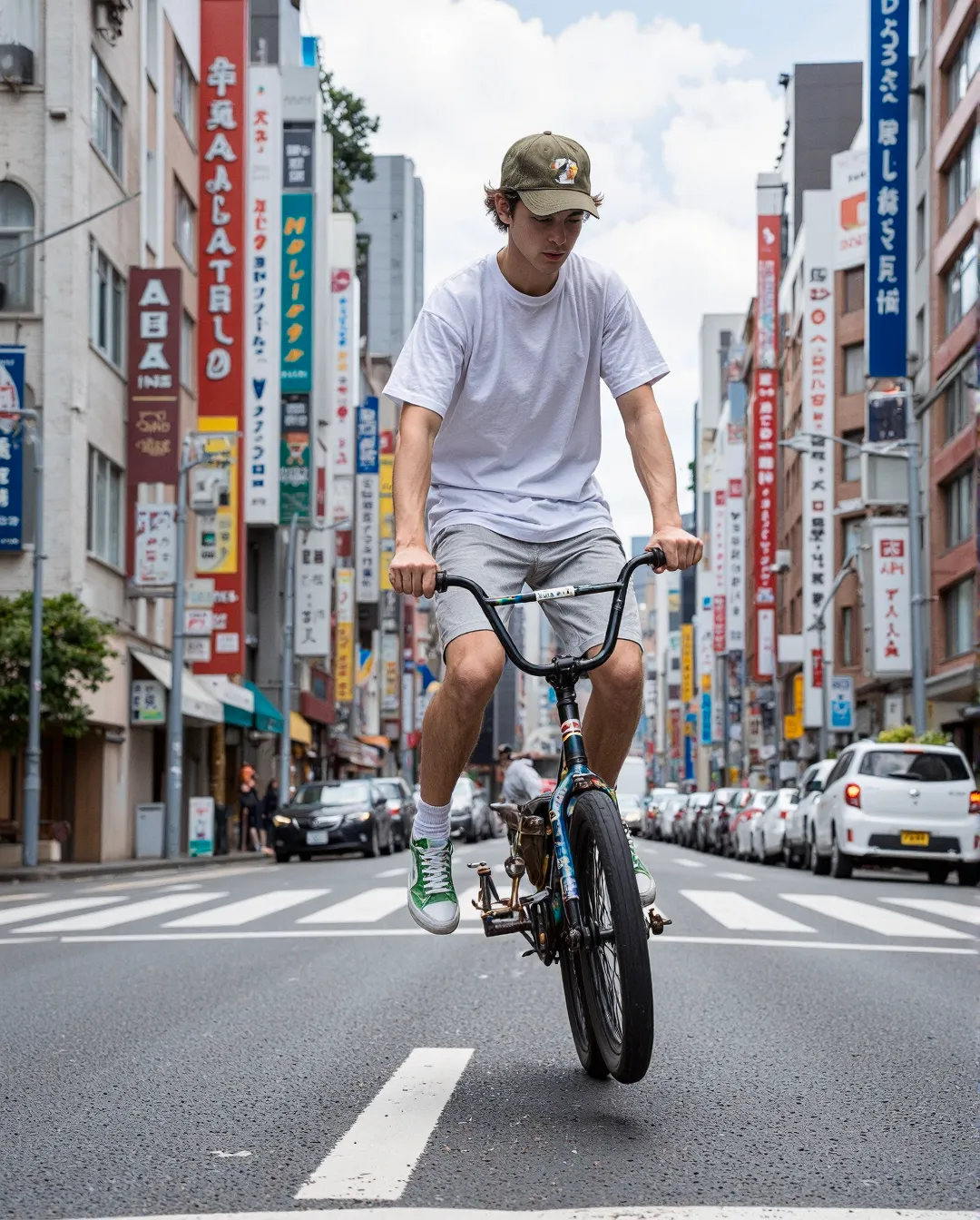 Cyclist riding through vibrant Tokyo street wearing white tee, gray shorts, green sneakers and cap, surrounded by colorful signage