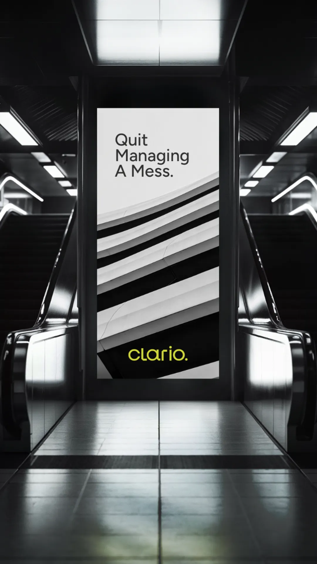 Vertical subway light box ad for Clario positioned between two escalators, featuring architectural black-and-white photography.