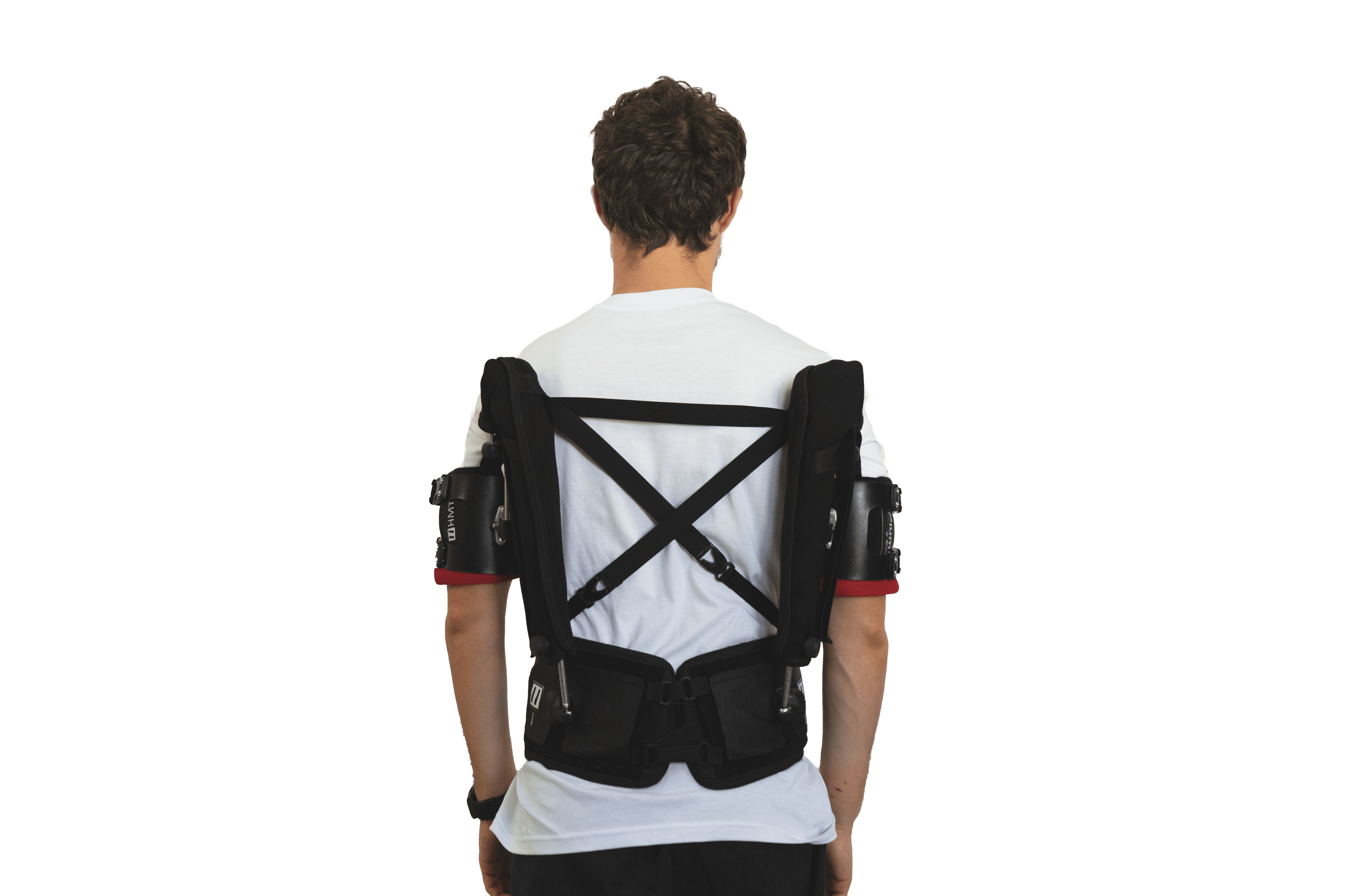 Rear view of the Plum’ exoskeleton showing the back harness and arm supports for assistance when working at height.