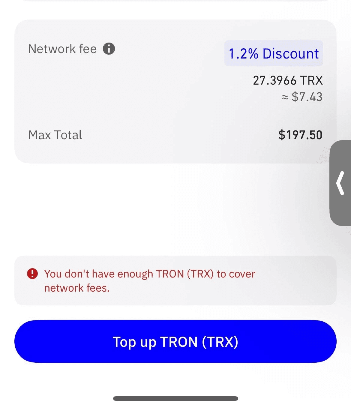 TRON wallet fee breakdown showing 27.3966 TRX network fee with 1.2% discount and insufficient TRX error