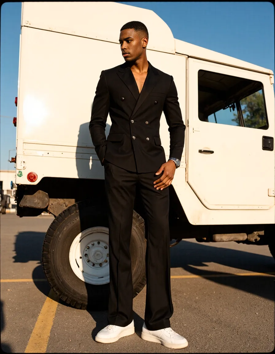 Stylish black double-breasted suit with white sneakers posed against a white utility vehicle in warm sunset lighting