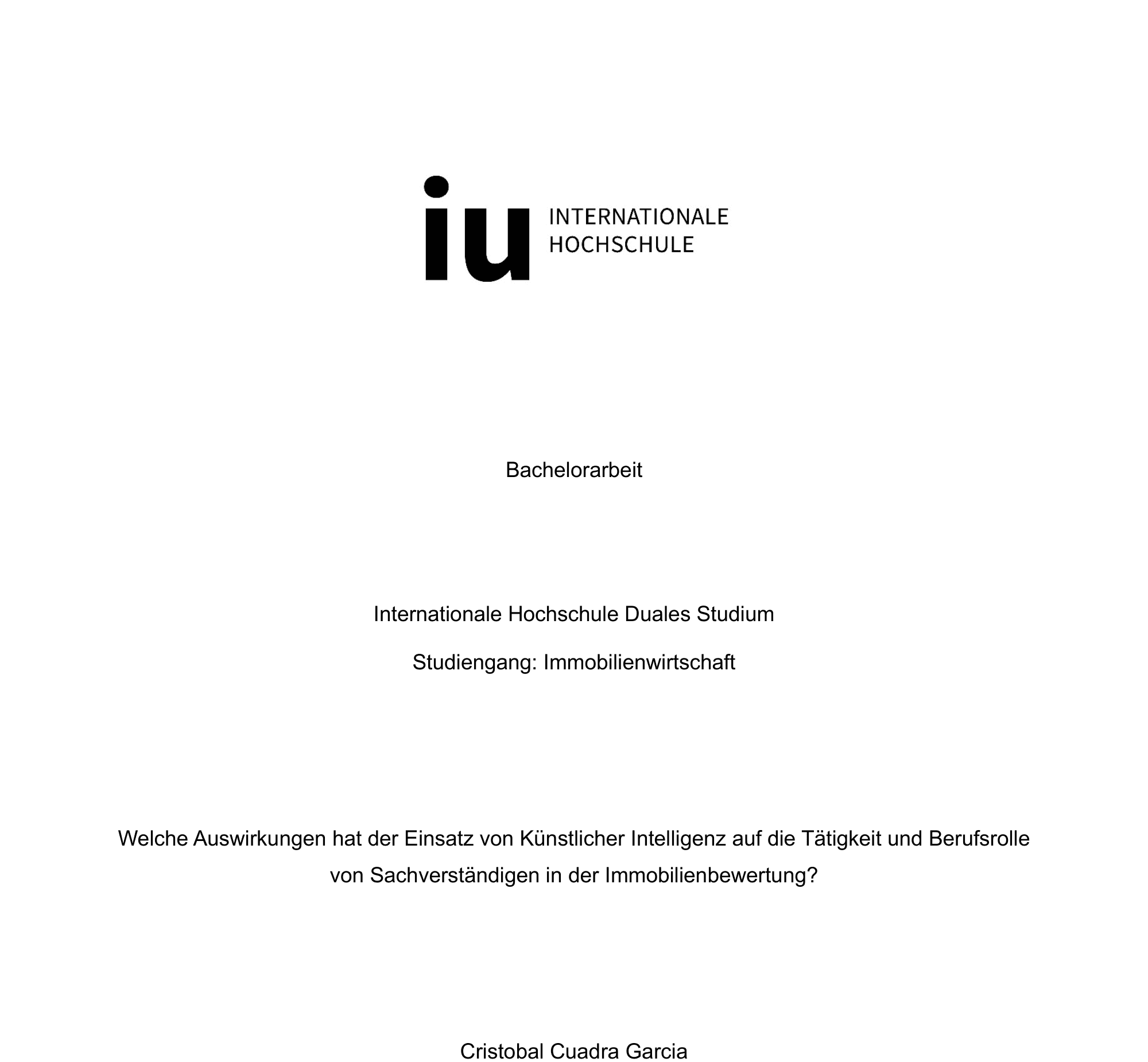 Titelseite der Bachelorarbeit über Künstliche Intelligenz in der Immobilienbewertung