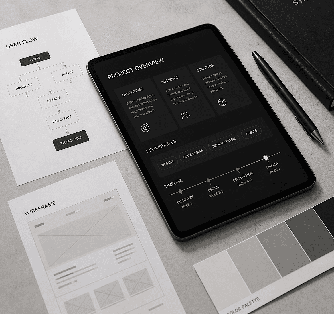 Documents and planning materials on a desk, representing customized solutions tailored to client needs.