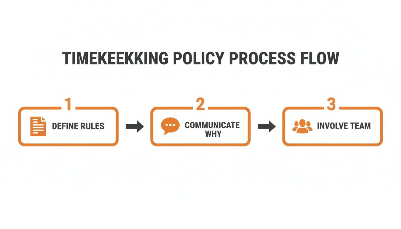 Process flow for timekeeping policy: Define Rules, Communicate Why, and Involve Team.