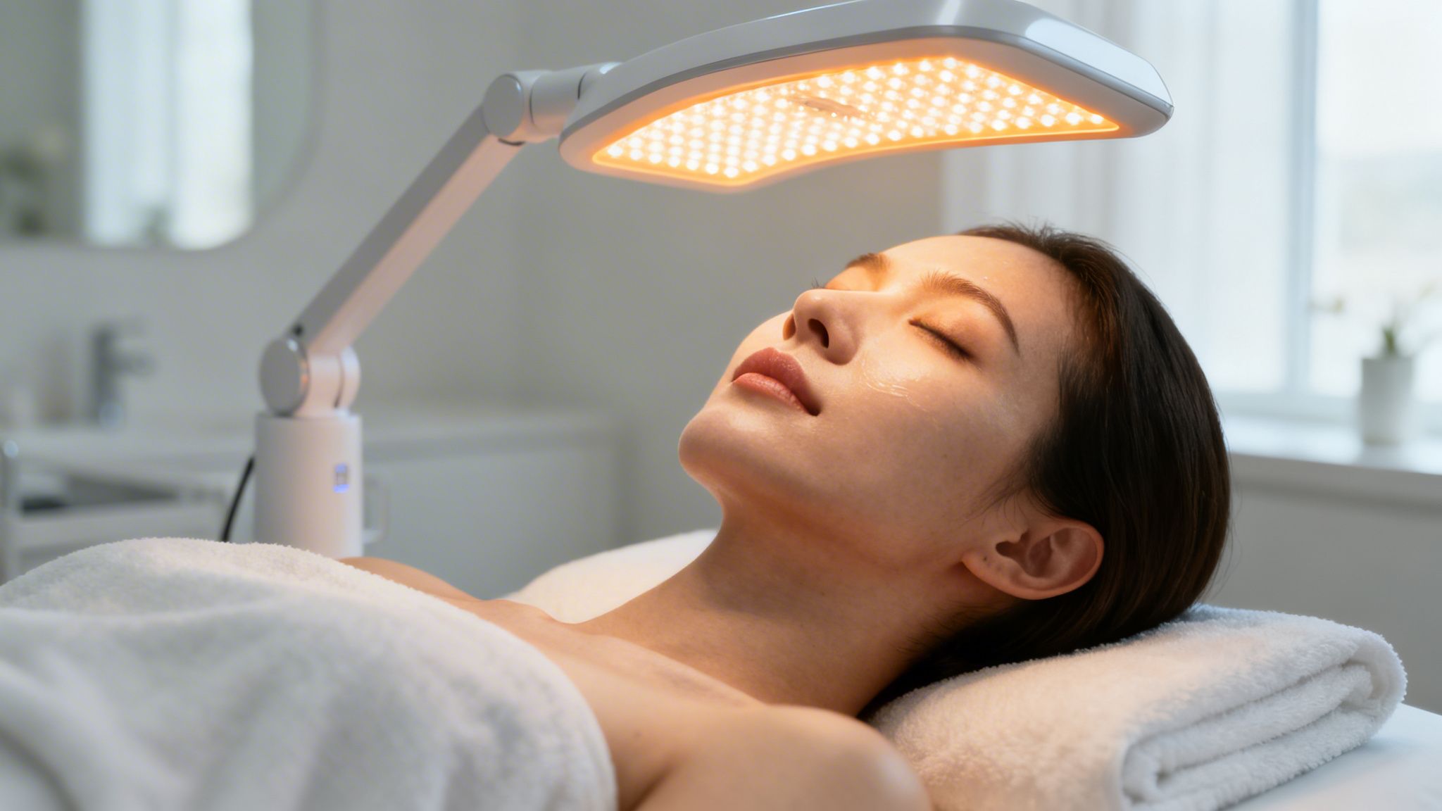 A young woman receiving a rejuvenating red light therapy facial treatment while lying on a spa bed.