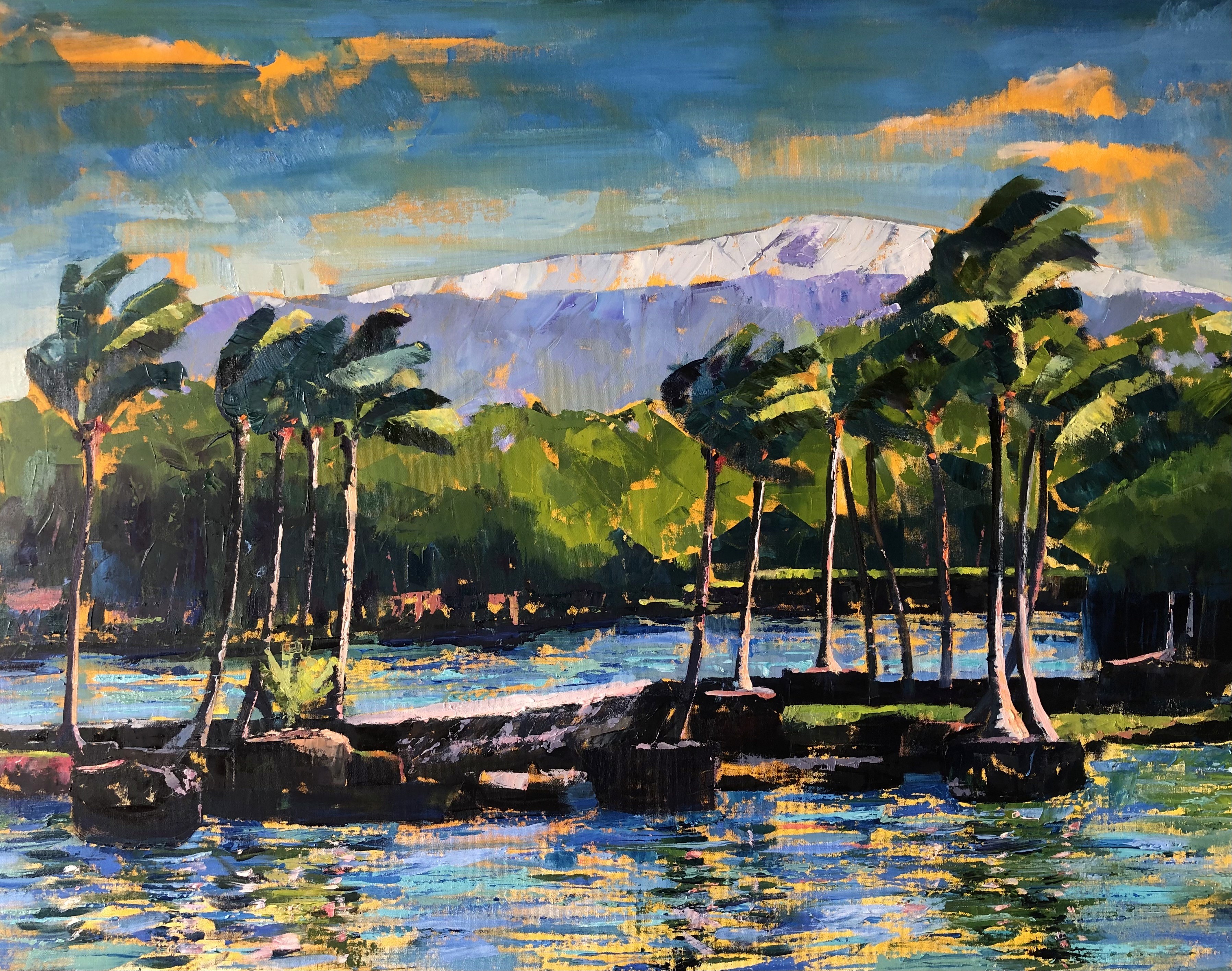 A vibrant landscape painting featuring a serene water scene with palm trees and mountains in the background.