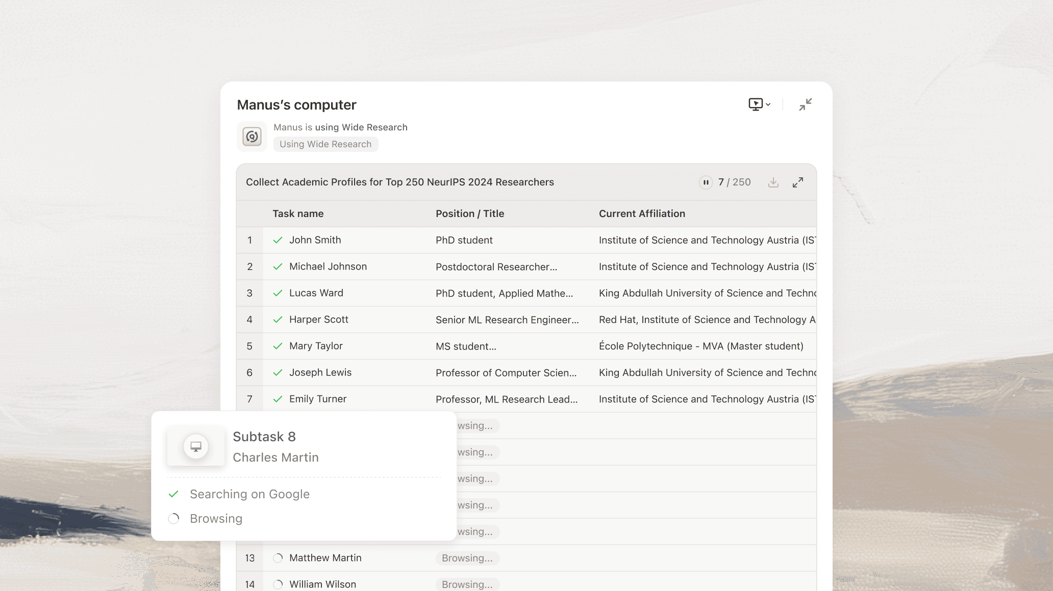 Large screenshot of the Manus computer interface showing multiple subtasks running in parallel.