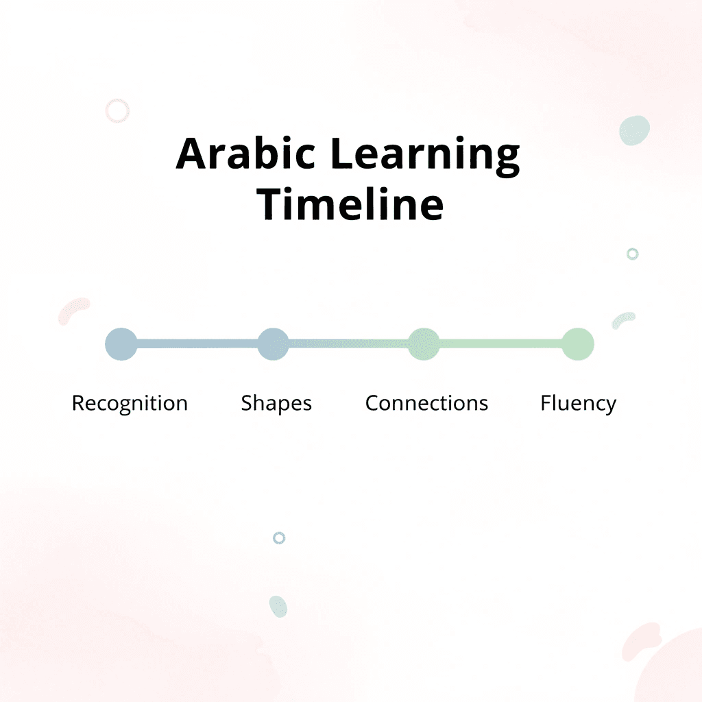 Timeline showing Arabic alphabet learning progression over weeks
