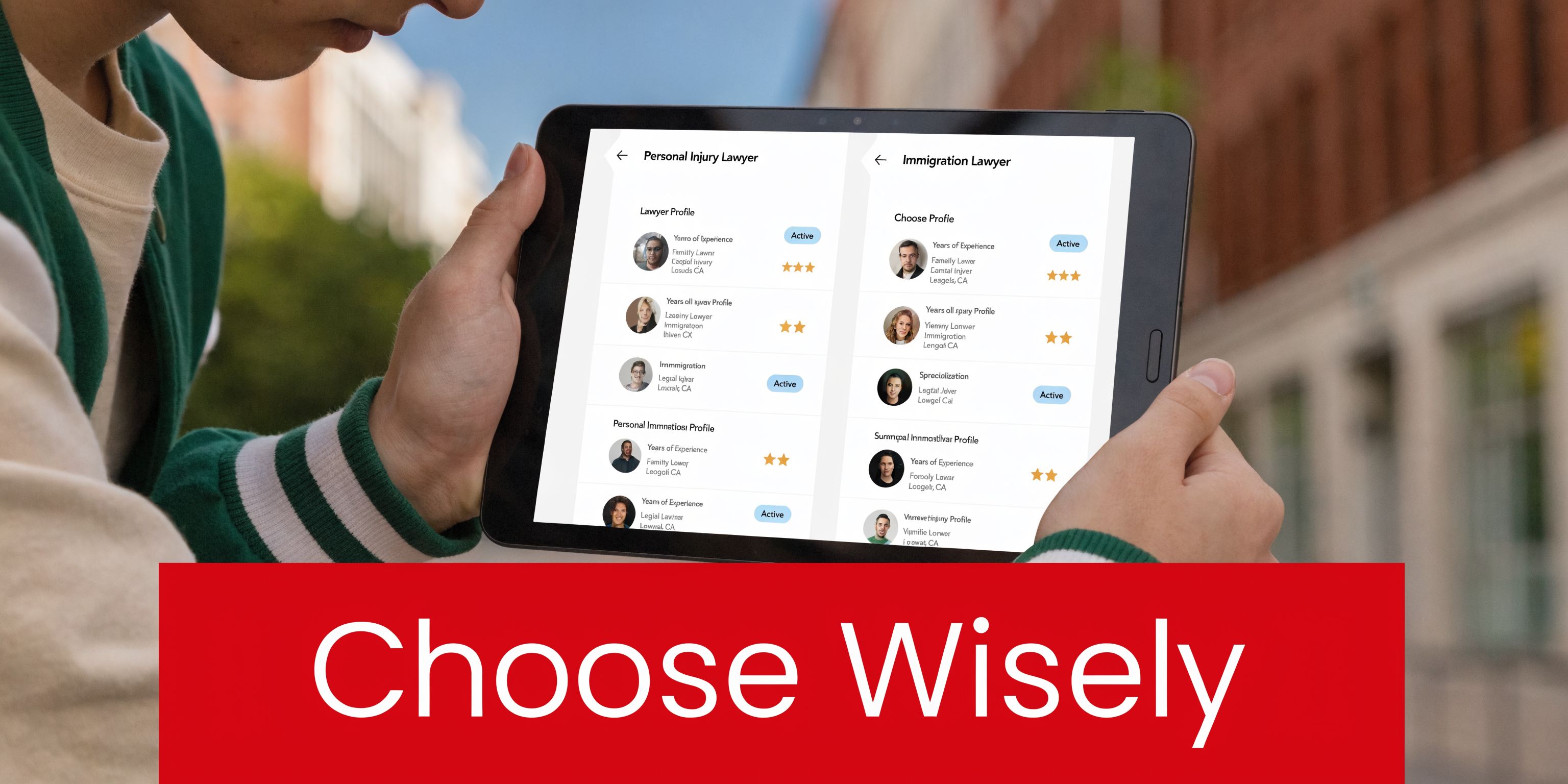 A person holds a tablet displaying profiles of personal injury and immigration lawyers to compare their credentials.
