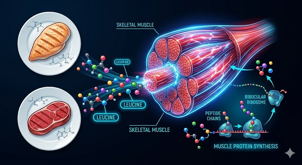 A scientific sports science infographic illustrating muscle protein synthesis on a clean, dark background with neon red and blue highlights. The illustration shows amino acid molecules, specifically activated by leucine, flowing from plates of grilled chicken breast and a lean beef steak into human muscle tissue. The dynamic muscle fibers are glowing with energy, showcasing a subtle molecular biology visualization and modern biotech infographic aesthetic.