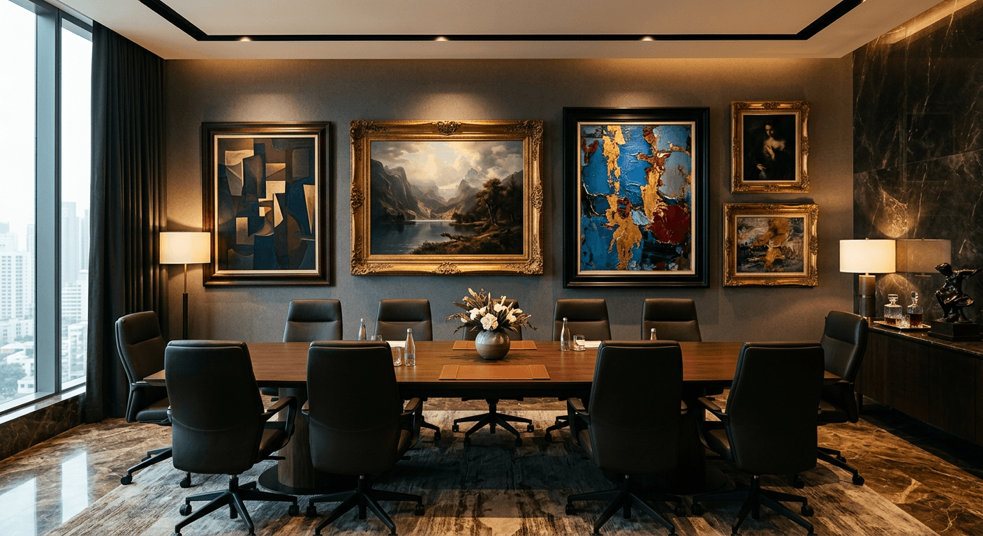 Mur de galerie composé de grandes œuvres luxueuses, peintures à l'huile et toiles abstraites, dans une salle de réunion corporative haut de gamme aux finitions en marbre et bois sombre, illustrant l'intégration d'une collection d'art prestige dans un espace professionnel.