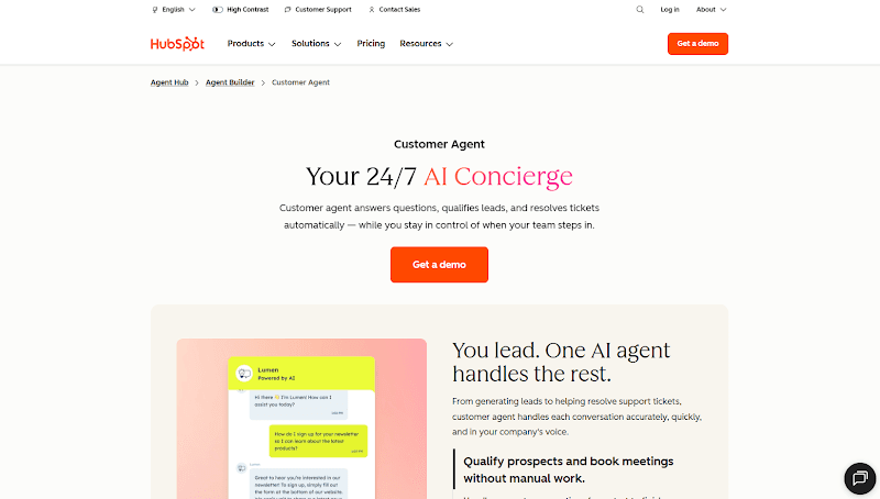 HubSpot page showing Customer Agent in a support conversation connected to CRM context and human handoff.