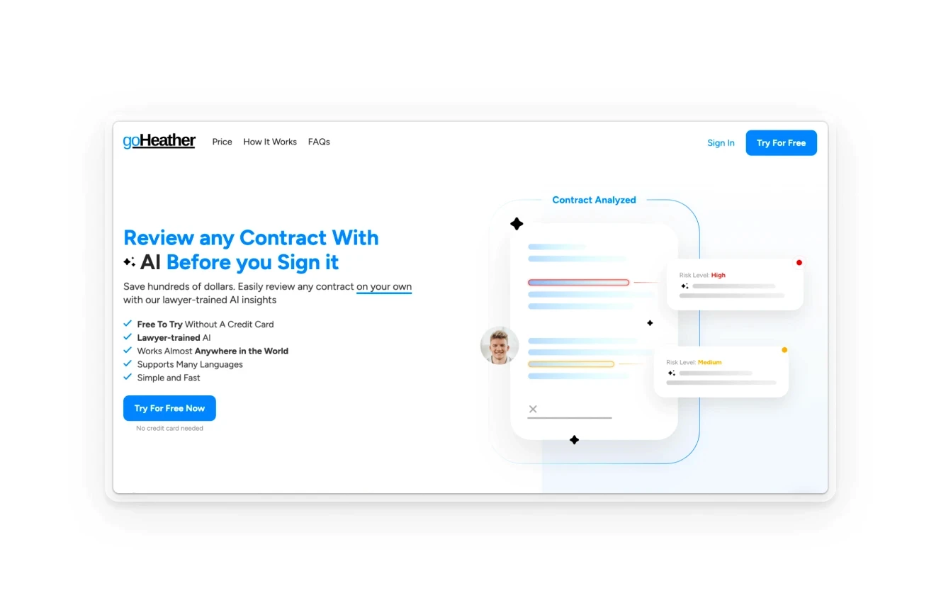 A landing page for goHeather, showcasing its AI-driven contract review features, including lawyer-trained analysis and risk level assessments