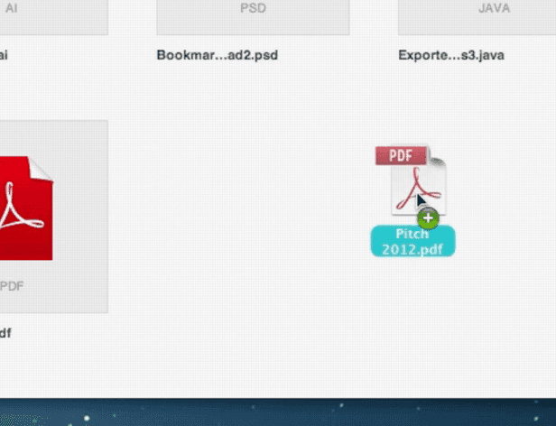 A screenshot displays a web page showing a PDF file icon with a red background and a white “PDF” label. Below it, a light blue rectangle labeled “Pitch 2012.pdf” with a plus sign icon is centered. The top bar shows “PSD”, “Bookmar...ad2.psd”, and “Export...s3.java”. The bottom bar shows “pdf” on the left.
