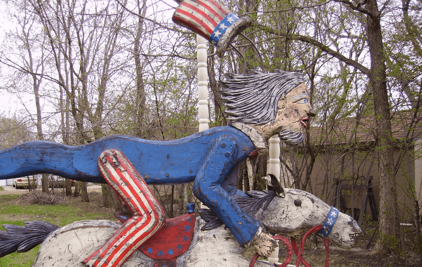 Gutzmer’s Uncle Sam sculpture riding a horse outdoors.