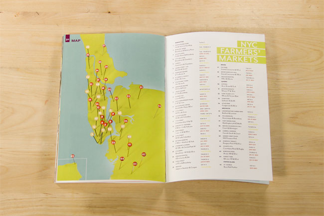 An open book displays a map of New York State with red pins marking locations across it. A sidebar titled “NYC FARMERS’ MARKETS” lists various markets with their corresponding addresses. The book rests on a light wooden surface.