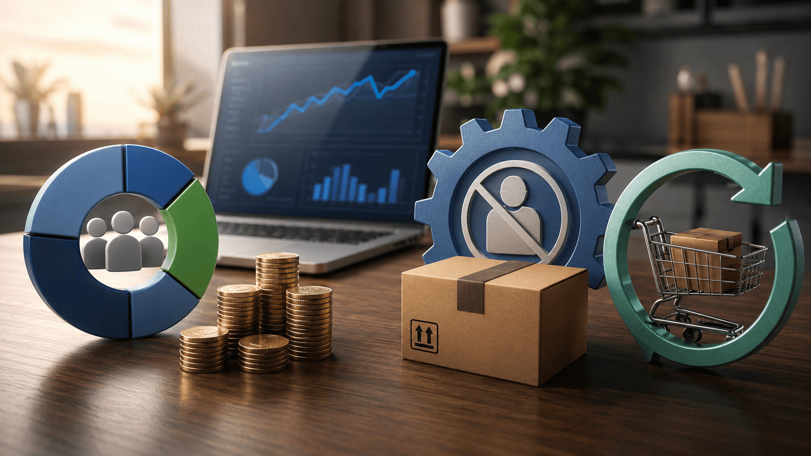 Ilustração realista em 3D de um ambiente corporativo moderno. Sobre uma mesa de madeira há quatro elementos representando indicadores de desempenho em vendas B2B online: um gráfico circular com ícones de usuários simbolizando adoção da plataforma, pilhas de moedas representando aumento do ticket médio, uma engrenagem com símbolo de automação ao lado de uma caixa de envio indicando pedidos processados sem intervenção humana, e um carrinho de compras envolvido por uma seta circular representando recompra recorrente. Ao fundo, um notebook exibe gráficos de crescimento e desempenho. Ambiente iluminado por luz natural, com visual profissional e foco em métricas de negócios.