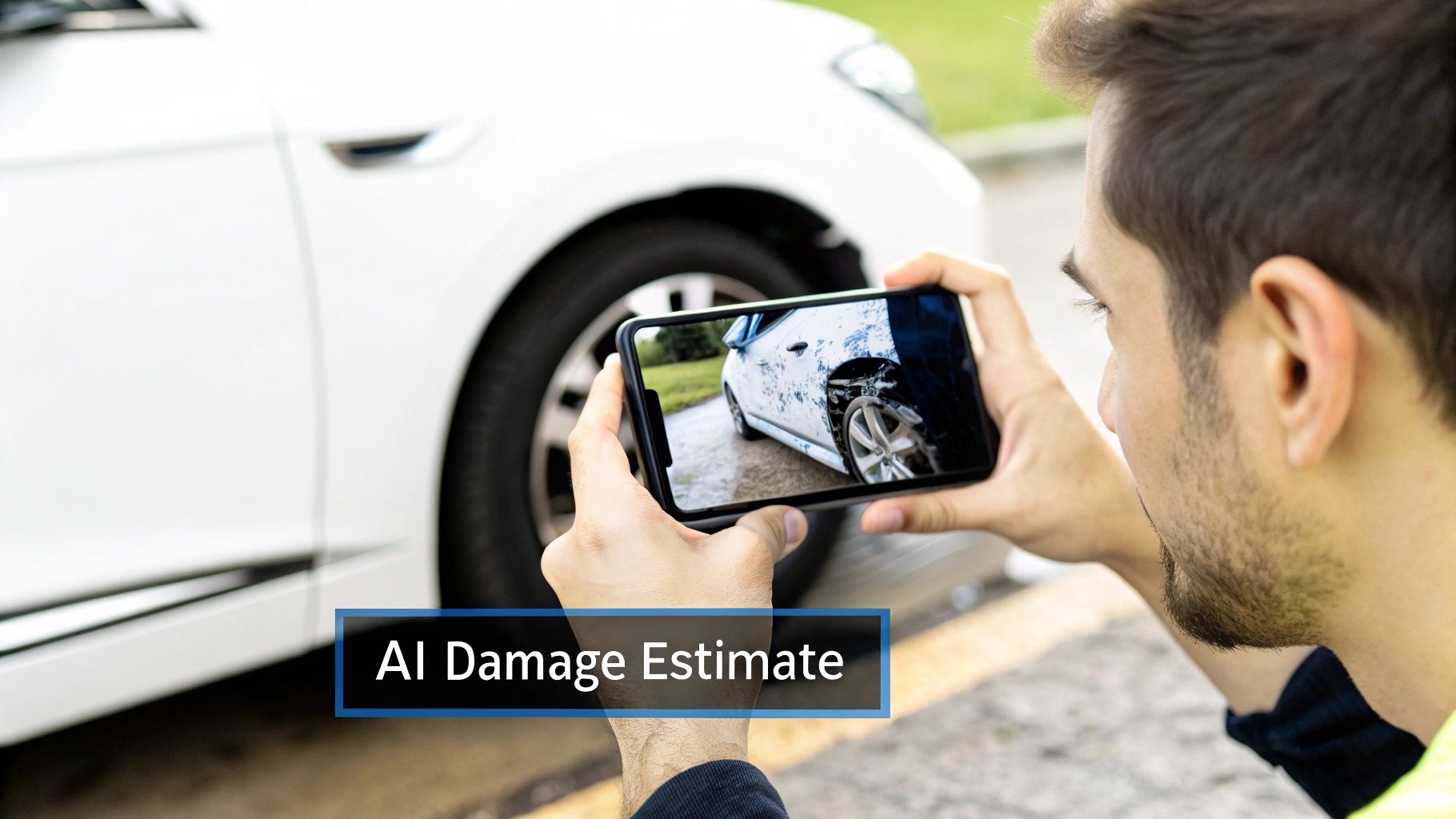 A person using a smartphone to capture an image of car damage for an AI estimate.
