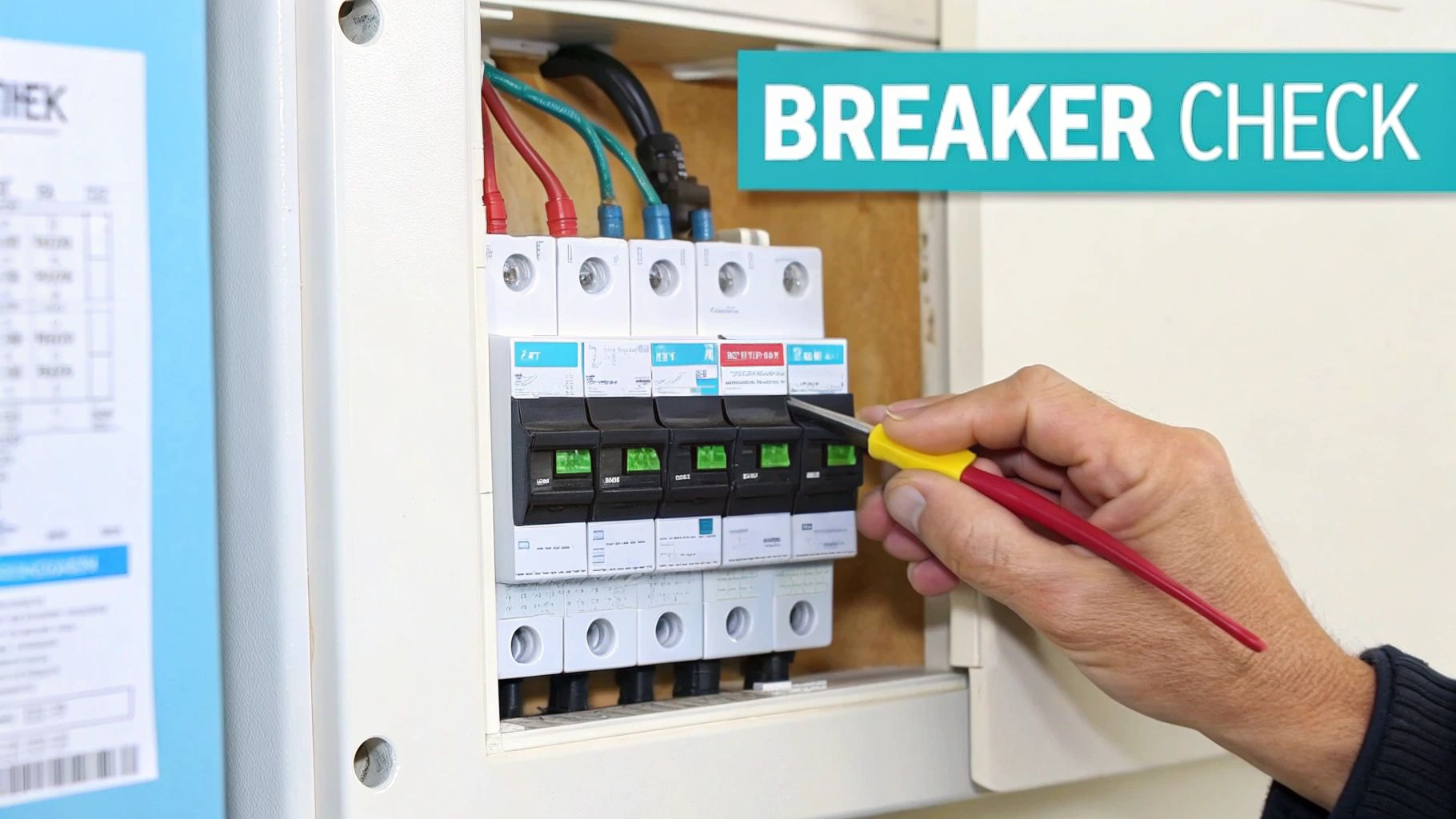 Close-up of a hand inspecting circuit breakers inside an open electrical panel with a tool.