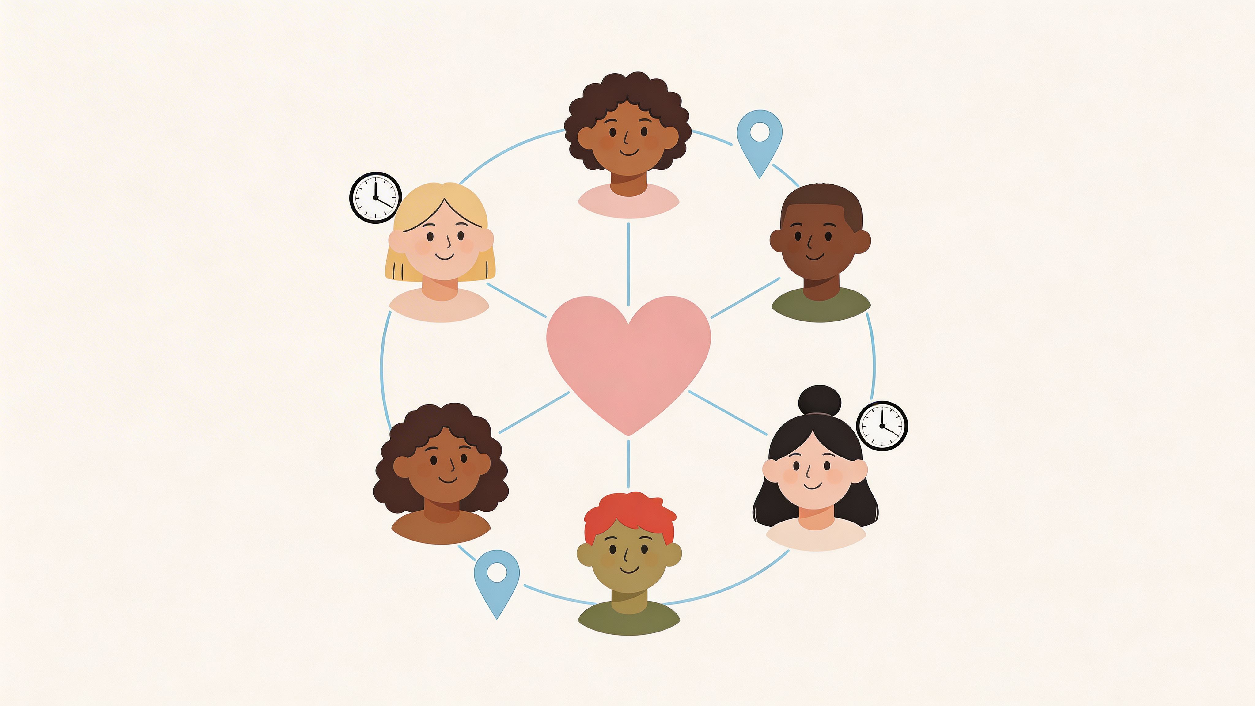 A digital illustration showing a central heart icon connected to six diverse people forming a community network.