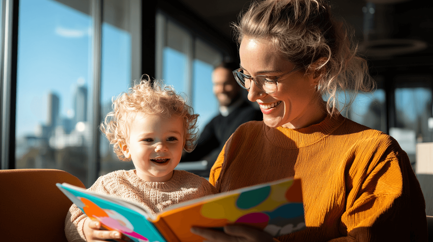 A parent reading a bilingual book with their child