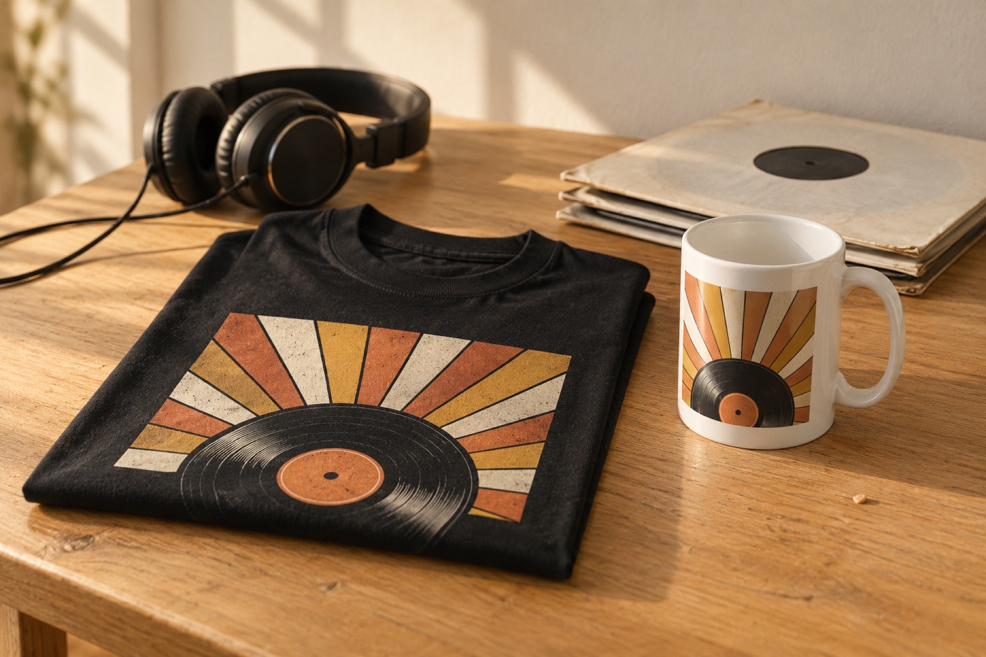 Remera negra y taza blanca con el mismo diseño retro de un disco de vinilo, sobre una mesa con auriculares y discos