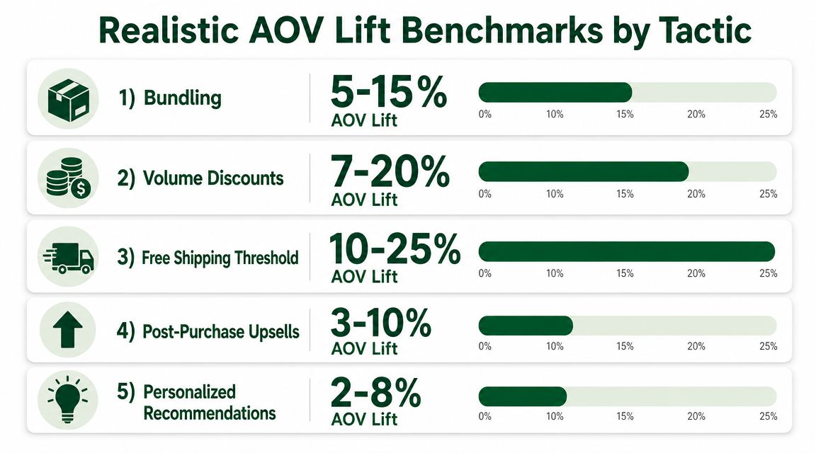 A chart showing AOV lift benchmarks for five e-commerce tactics including bundling, volume discounts, and free shipping.