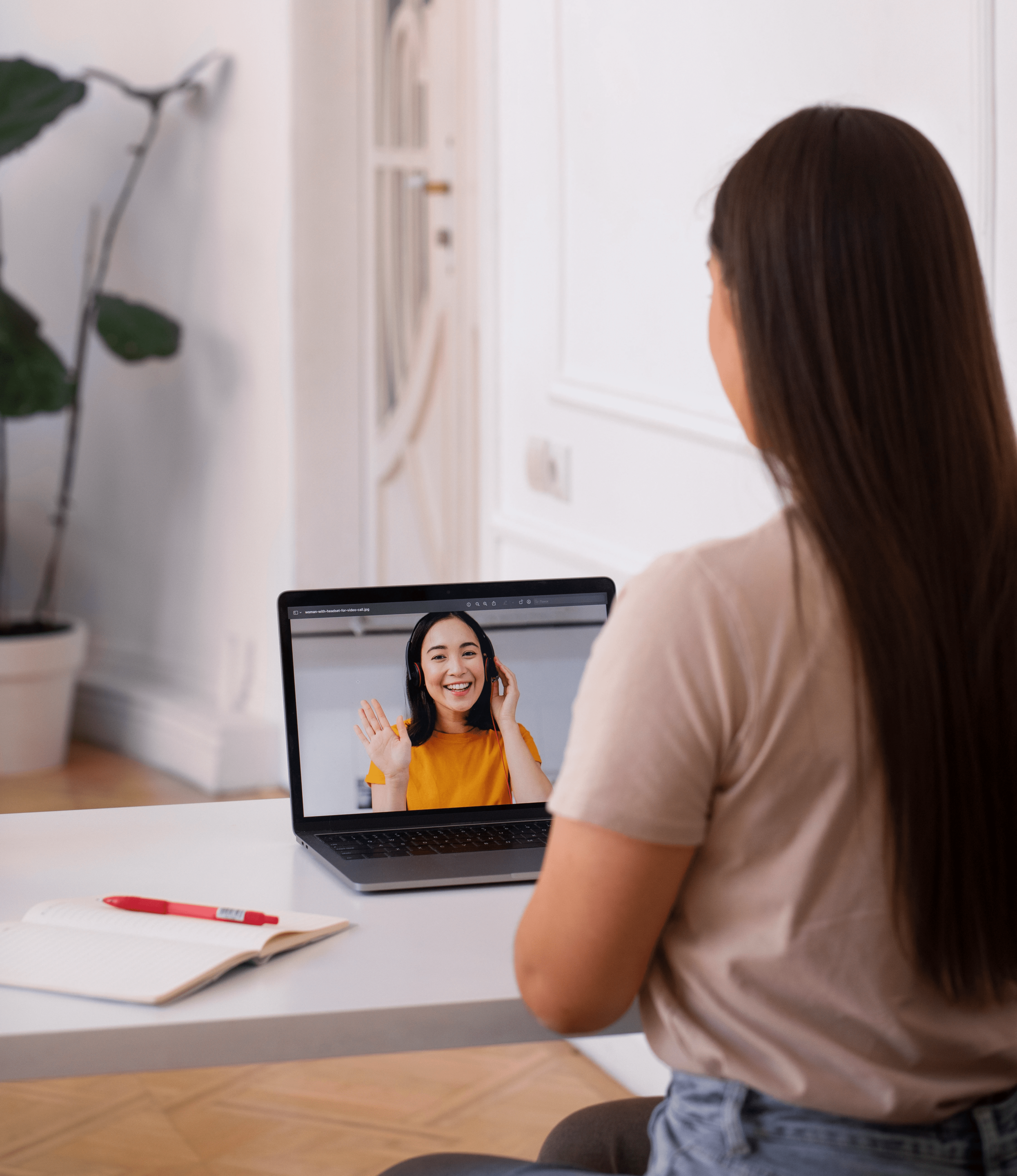 Woman in white breezy shirt.