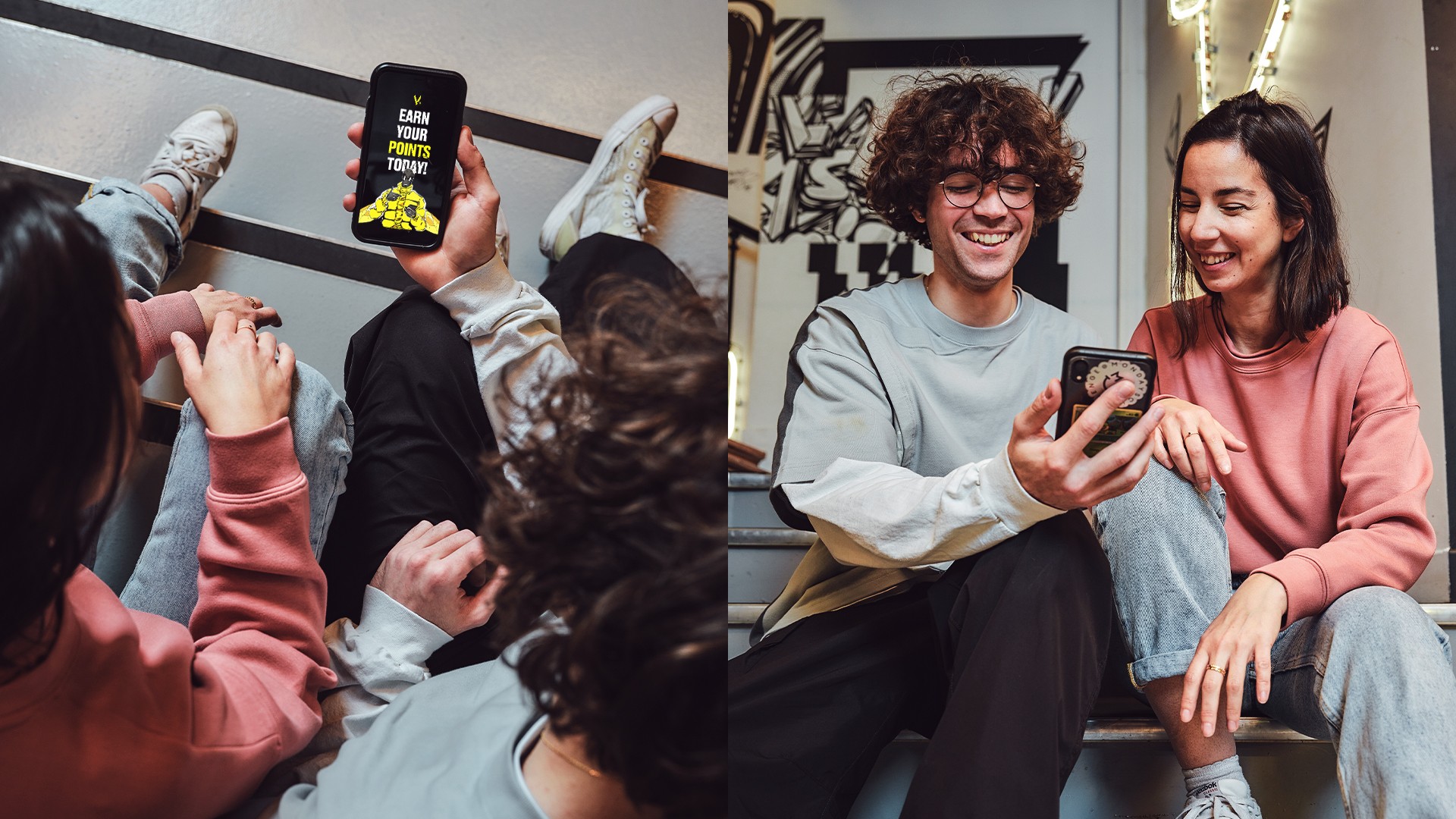 Left photo: A man and a woman seen from above, sitting on steps; the man is holding a mobile phone displaying the Vitality website / Right photo: The man and woman smiling, seen from the front, looking at the mobile phone