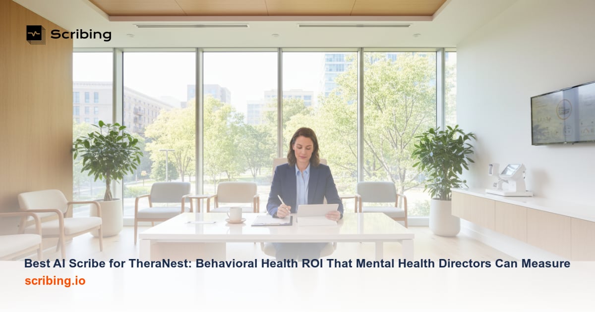 Behavioral health clinic workspace showing AI-powered clinical documentation integrated with practice management software for improved audit compliance and ROI