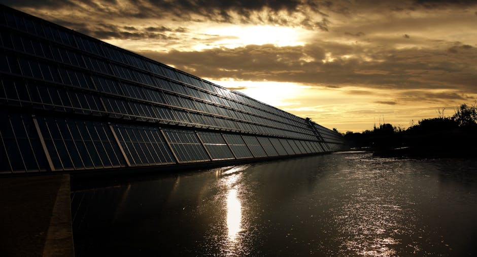 Silhouetted solar panels reflect sunset in tranquil waters, showcasing renewable energy.