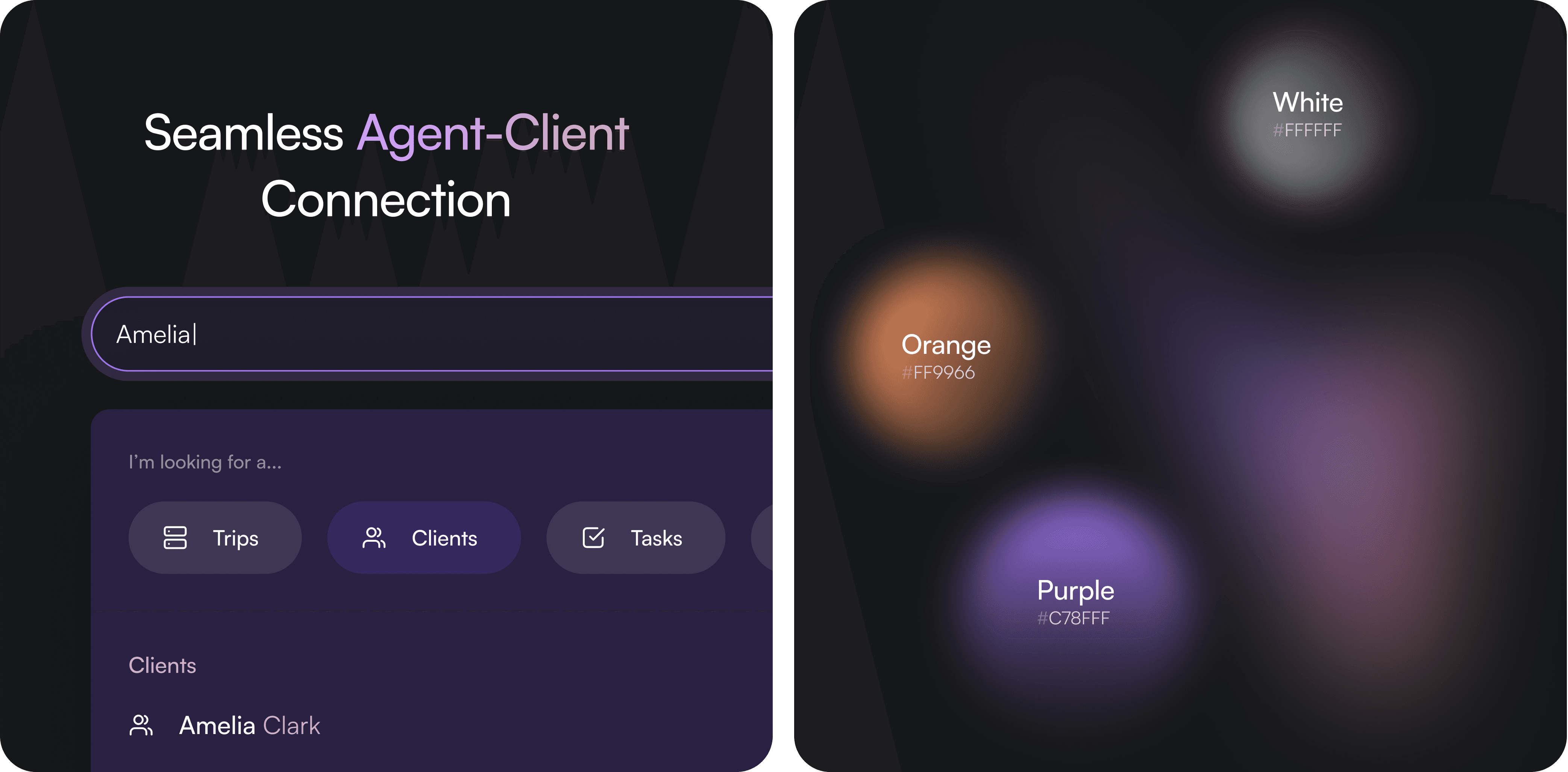 Image displaying a color palette with blurred circular patches in different colors on a dark background. Each patch is labeled with its respective color name and hex code: Orange (#FF9966), White (#FFFFFF), and Purple (#C78FFF). The labels are presented in a clear, easy-to-read font, aligning with each color's position.