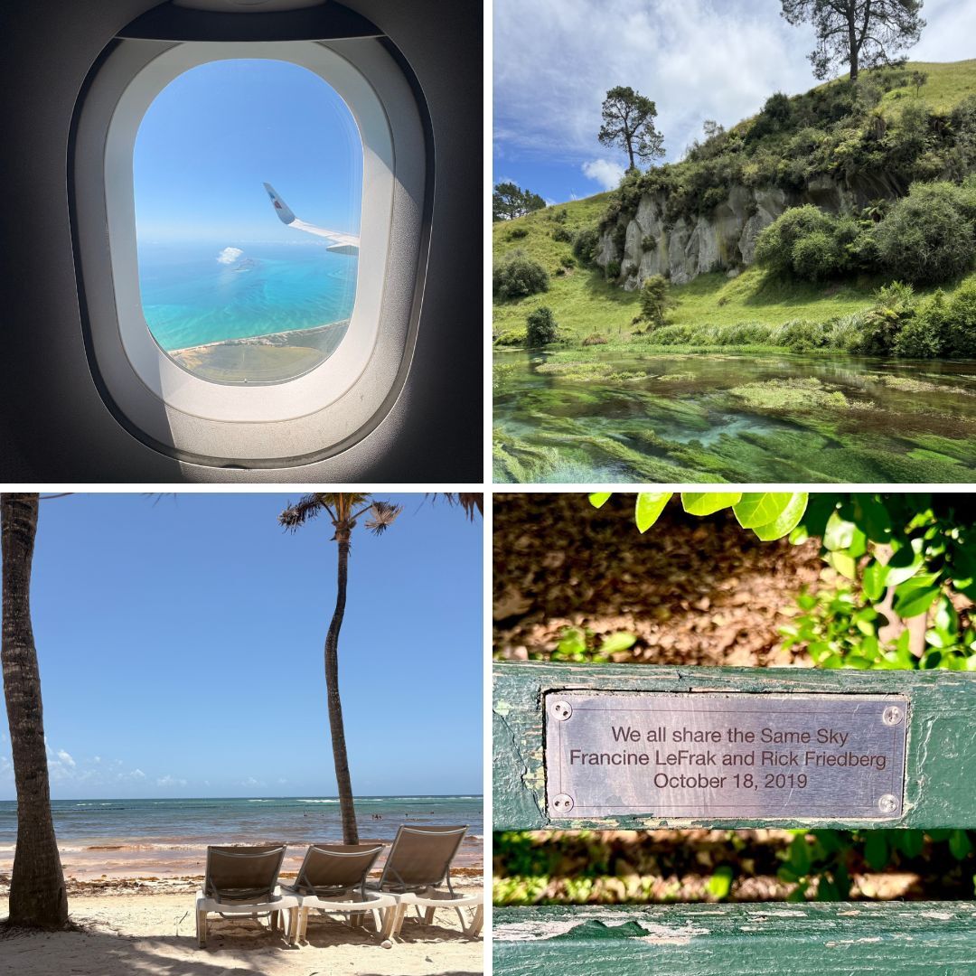 Grid of 4 photos. One photo from inside an airplane through the window. A picture of a green nature landscape. Another picture of a beach view. And another picture of a bench dedication that reads “We all share the same sky.”