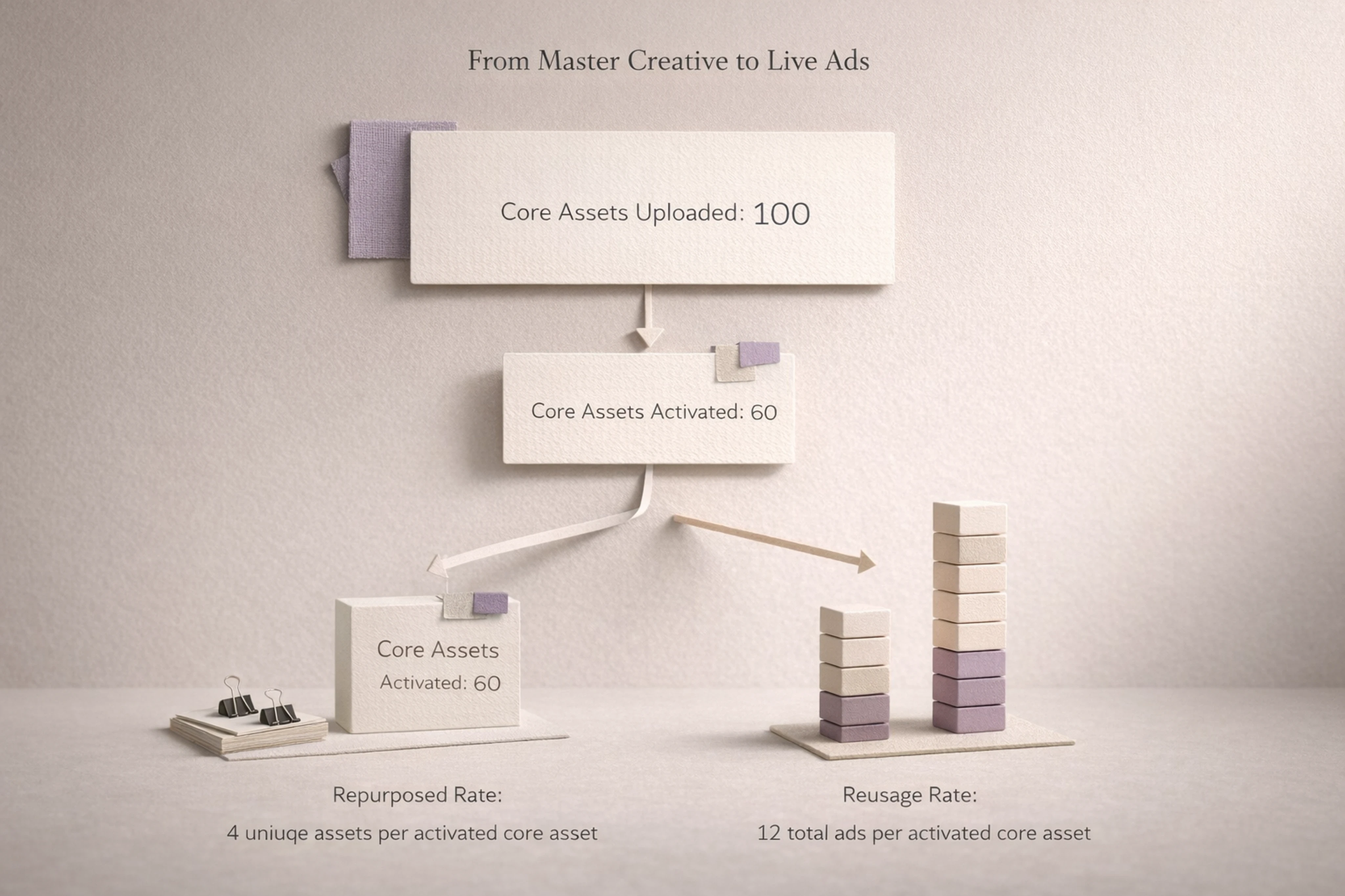 Infographic of creative activation, repurposed rate, and reusage rate from master assets
