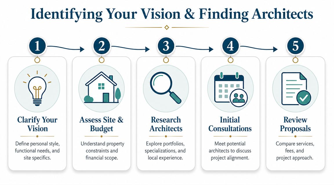A five-step infographic illustrating the process of clarifying a vision and finding the right architect for a project.