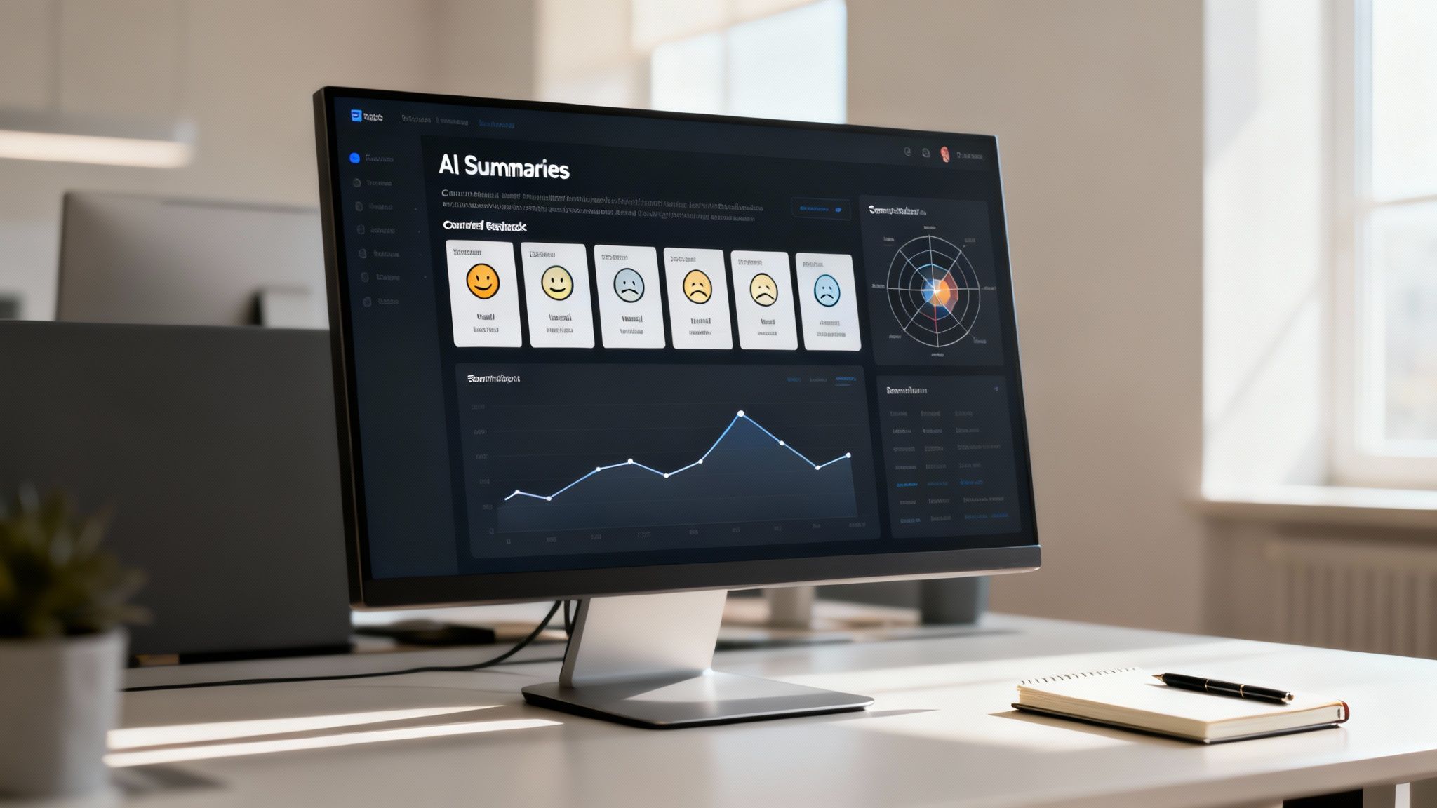 A computer monitor displaying an AI summary dashboard with sentiment analysis, charts, and data visualizations in an office.
