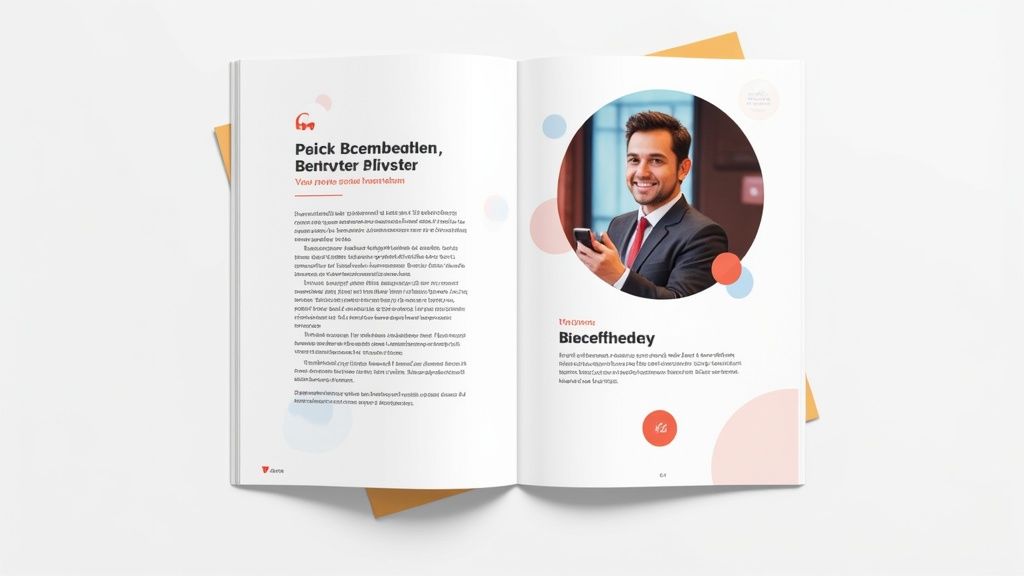 Offenes Magazin mit einem lächelnden Mann im Anzug, der ein Smartphone hält, und Textinhalten.