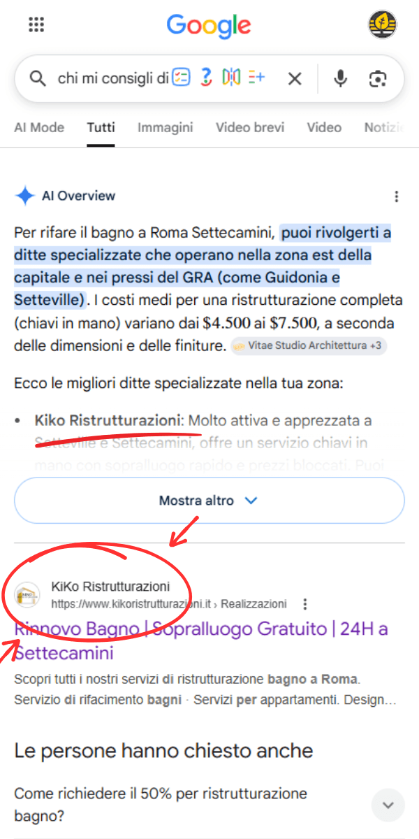 screen di kiko ristrutturazioni consigliato in AI Mode e prima riga organica