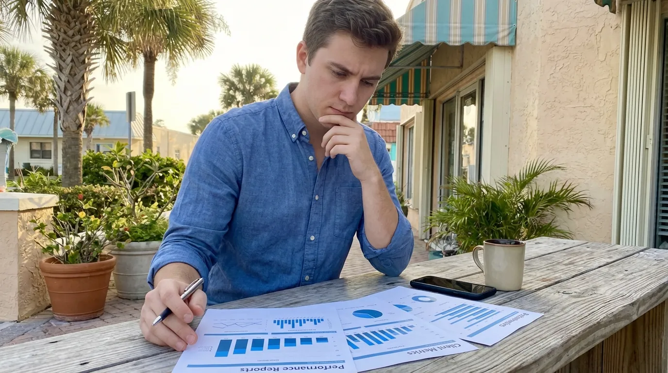 Man reviewing graphs outdoors; RockN' Socials Digital Marketing Agency.
