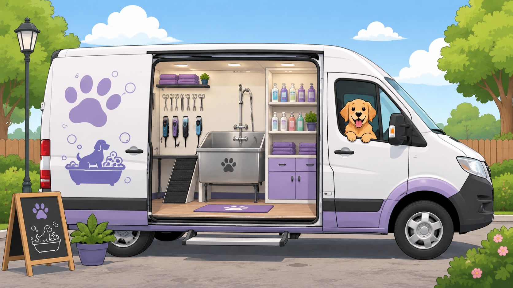 A mobile pet grooming van featuring an open side door with grooming equipment and a cute puppy inside.