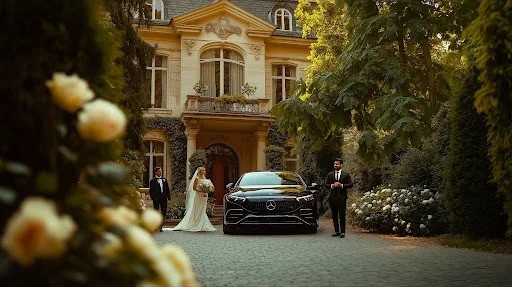 Luxury wedding car arriving at Algarve villa venue in Quinta do Lago