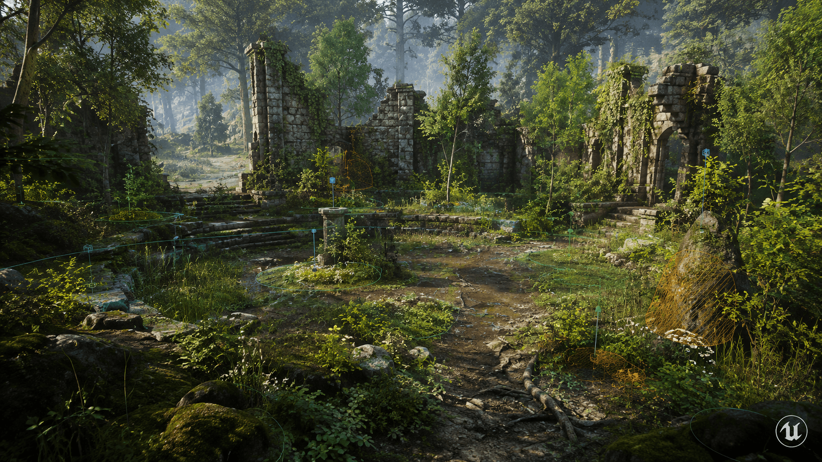 Forest ruin environment with scene-aware procedural vegetation, visible placement zones, and natural plant variation.