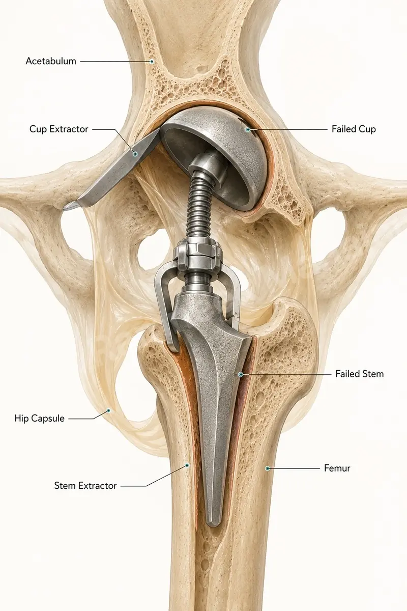 Surgical removal of a failed hip cup and femoral stem - the first phase of revision hip replacement.